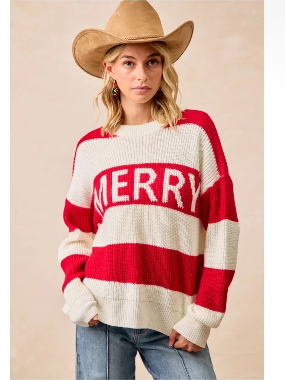 BiBi Merry Stripe Crewneck Christmas Sweater-Red & Cream